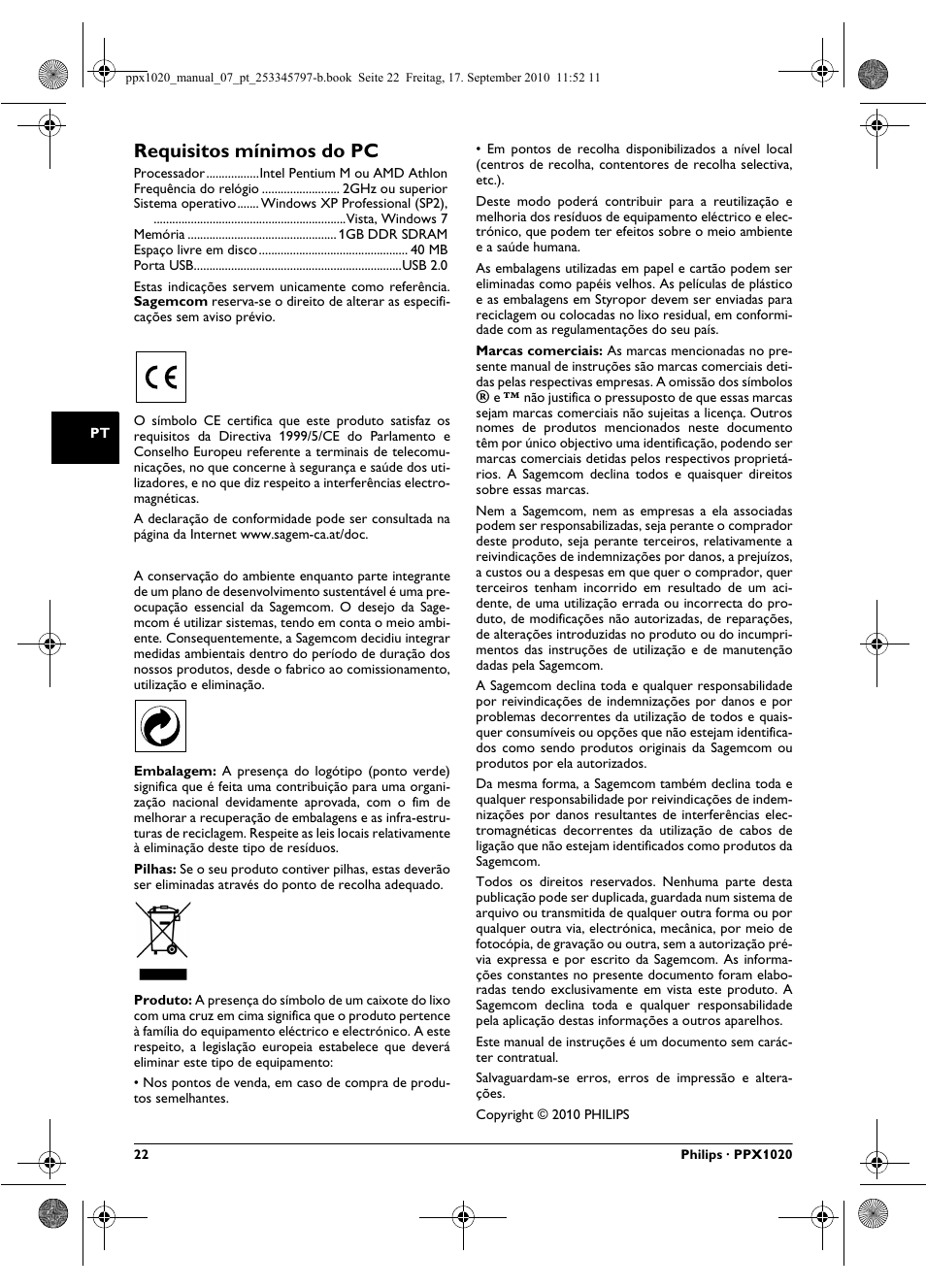 Requisitos mínimos do pc | Philips PPX1020 User Manual | Page 22 / 56