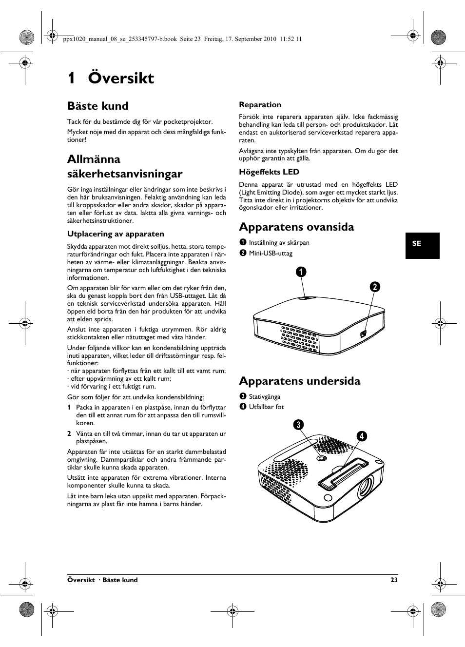 1 översikt, Bäste kund, Allmänna säkerhetsanvisningar | Apparatens ovansida, Apparatens undersida | Philips PPX1020 User Manual | Page 23 / 56