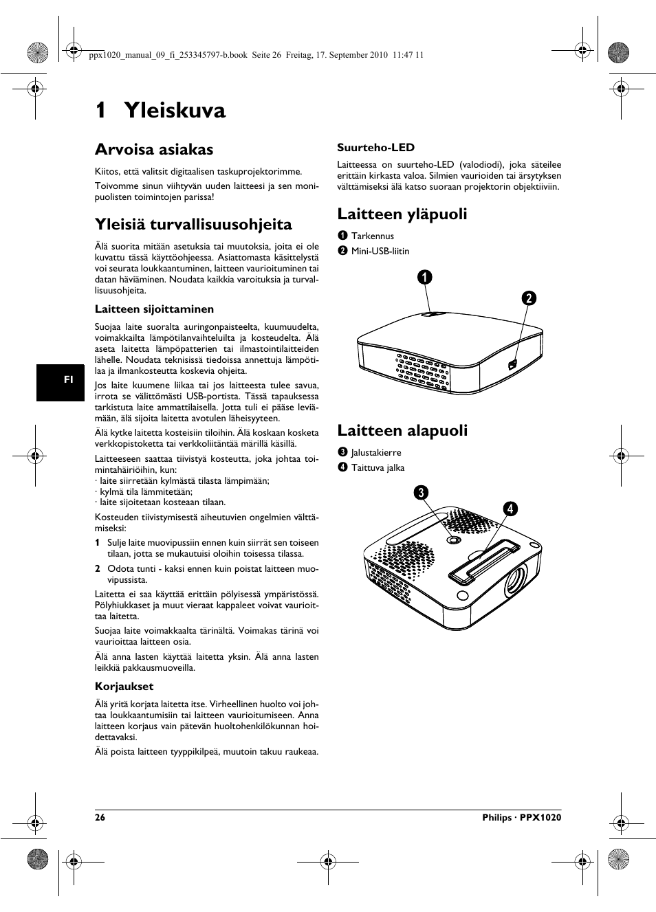 1 yleiskuva, Arvoisa asiakas, Yleisiä turvallisuusohjeita | Laitteen yläpuoli, Laitteen alapuoli | Philips PPX1020 User Manual | Page 26 / 56