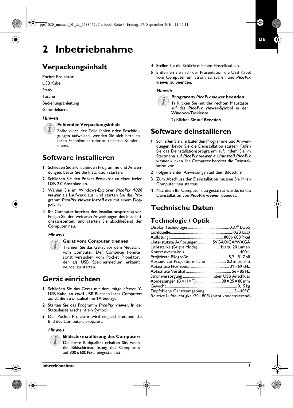 2 inbetriebnahme, Verpackungsinhalt, Software installieren | Gerät einrichten, Software deinstallieren, Technische daten, Technologie / optik | Philips PPX1020 User Manual | Page 3 / 56