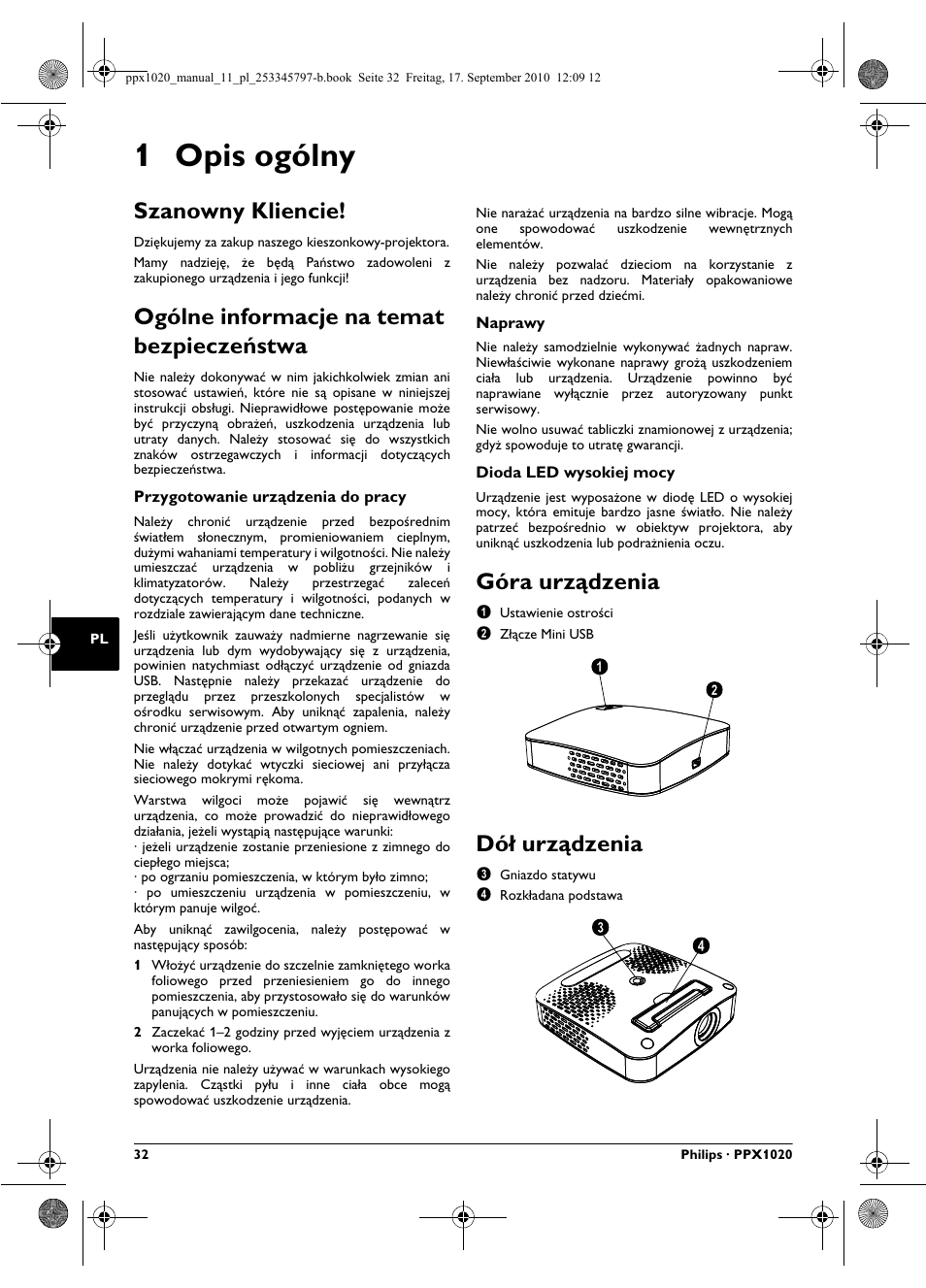 1 opis ogólny, Szanowny kliencie, Ogólne informacje na temat bezpieczeñstwa | Góra urz¶dzenia, Dó¸ urz¶dzenia, Ogólne informacje na temat bezpieczeństwa, Góra urządzenia, Dół urządzenia | Philips PPX1020 User Manual | Page 32 / 56