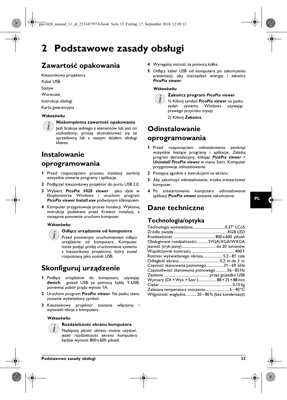 2 podstawowe zasady obs¸ugi, Zawartoœæ opakowania, Instalowanie oprogramowania | Skonfiguruj urz¶dzenie, Odinstalowanie oprogramowania, Dane techniczne, Technologia/optyka, 2 podstawowe zasady obsługi, Zawartość opakowania, Skonfiguruj urządzenie | Philips PPX1020 User Manual | Page 33 / 56
