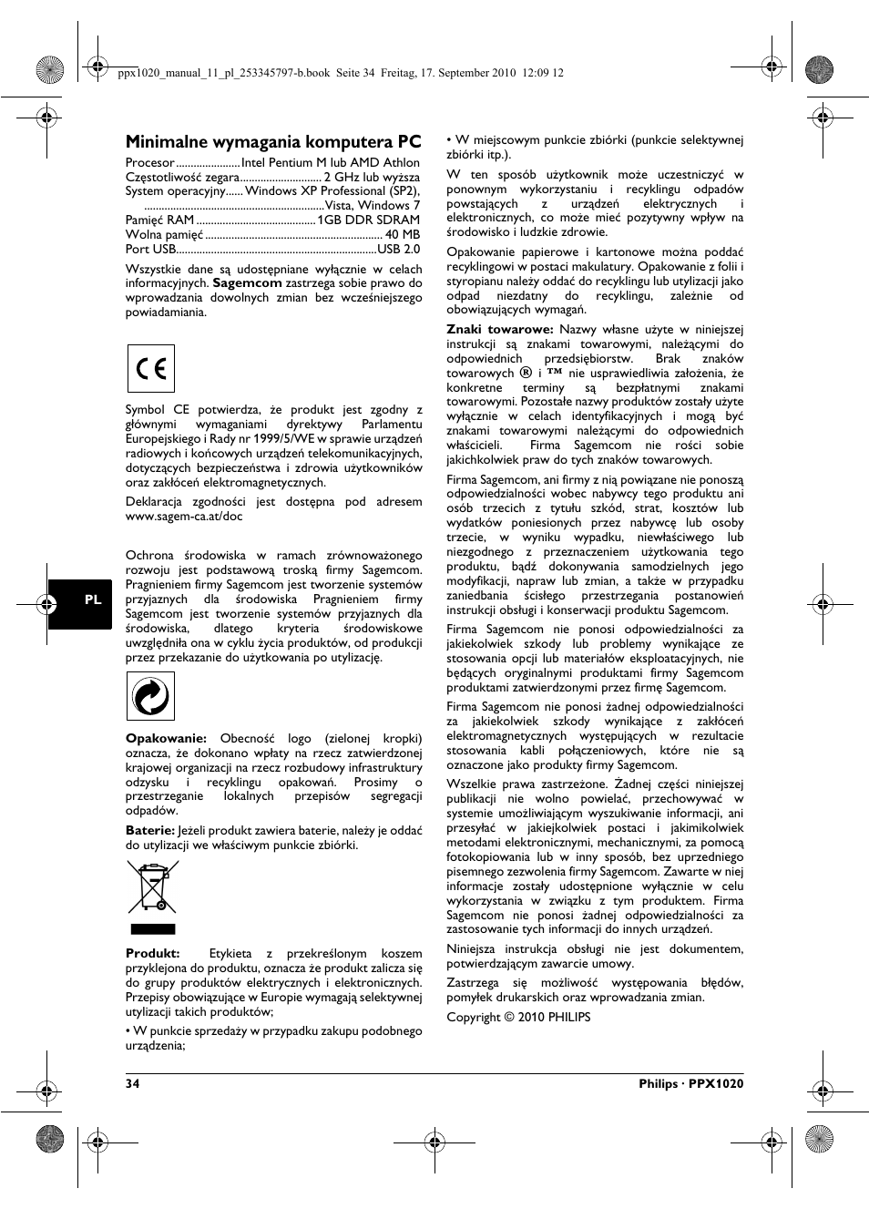 Minimalne wymagania komputera pc | Philips PPX1020 User Manual | Page 34 / 56