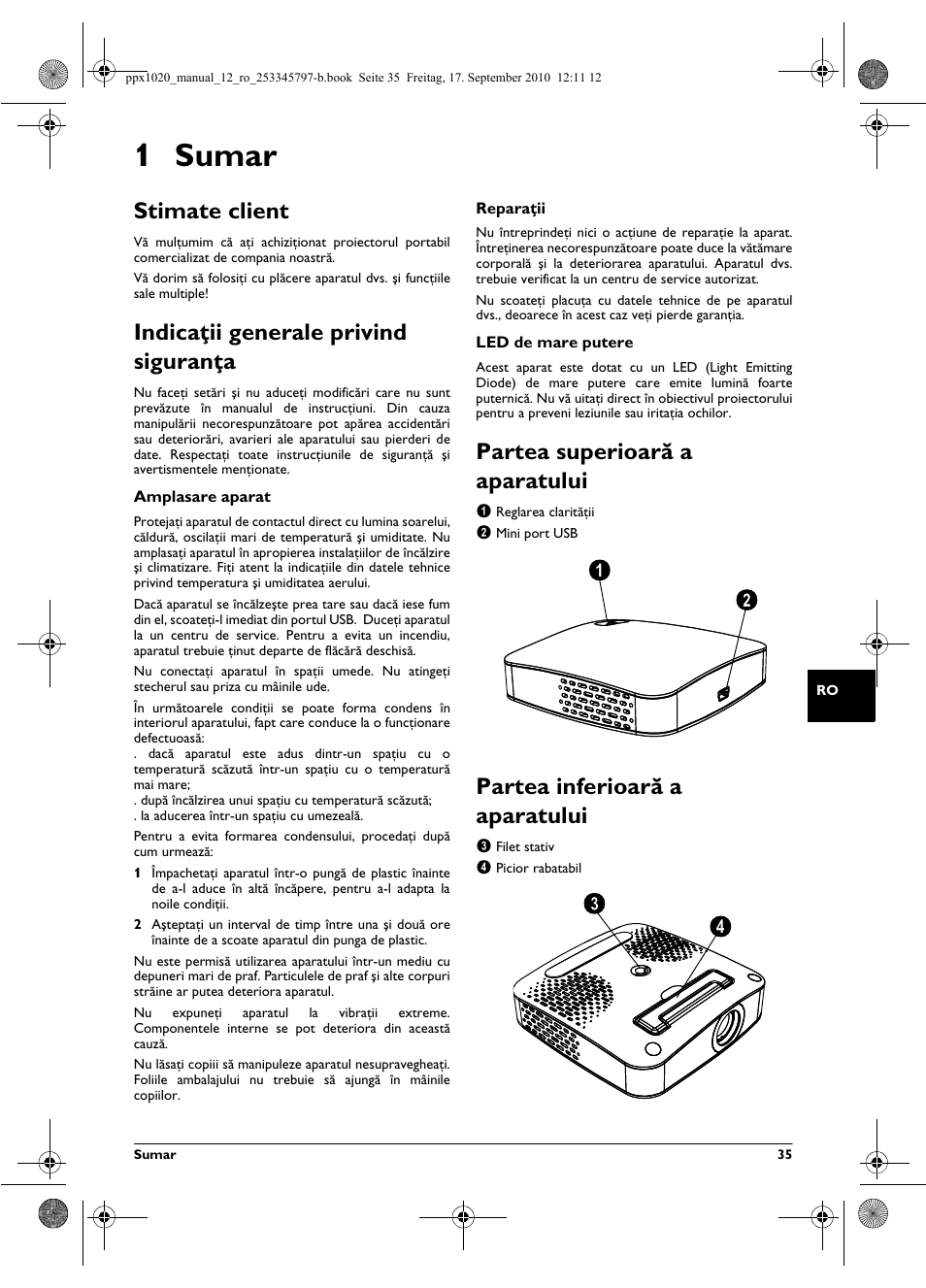 1 sumar, Stimate client, Indica ii generale privind siguran a | Partea superioarã a aparatului, Partea inferioarã a aparatului, Indicaţii generale privind siguranţa, Partea superioară a aparatului, Partea inferioară a aparatului | Philips PPX1020 User Manual | Page 35 / 56