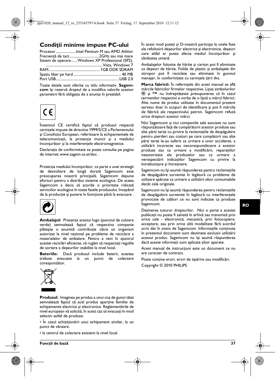 Condi ii minime impuse pc-ului, Condiţii minime impuse pc-ului | Philips PPX1020 User Manual | Page 37 / 56