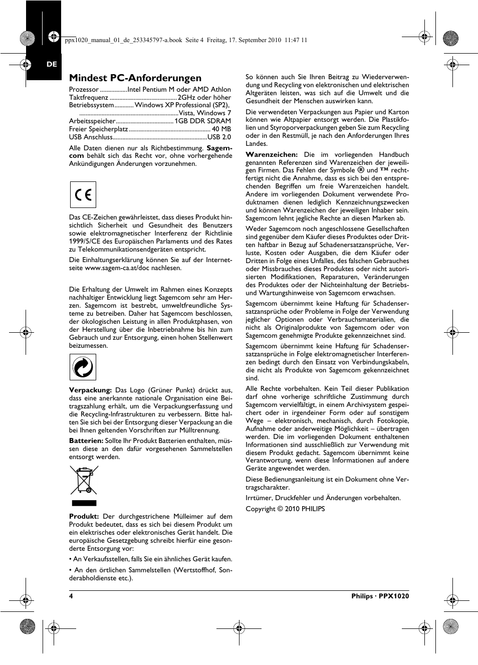 Mindest pc-anforderungen | Philips PPX1020 User Manual | Page 4 / 56