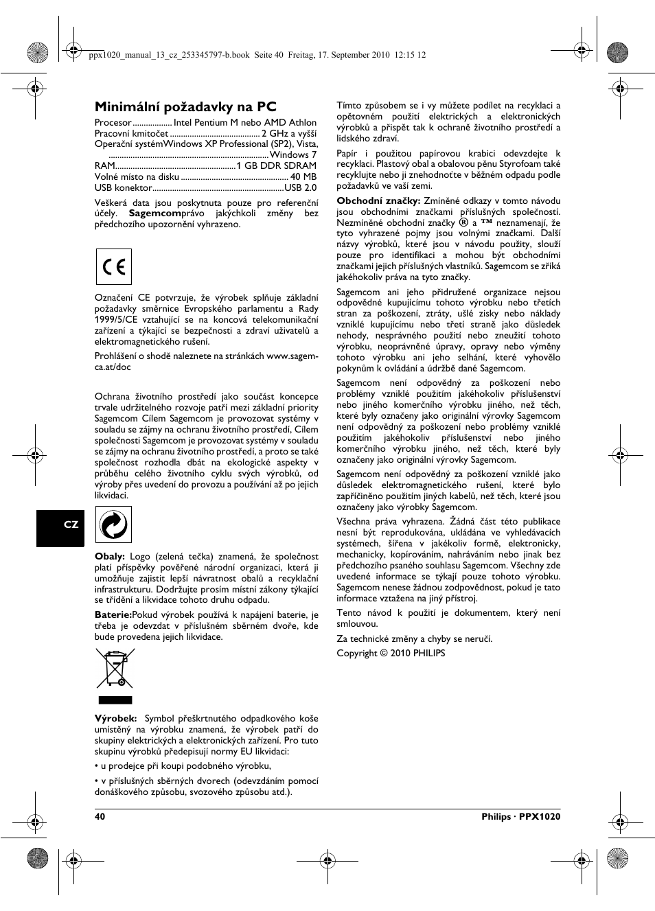 Minimální po˛adavky na pc, Minimální požadavky na pc | Philips PPX1020 User Manual | Page 40 / 56