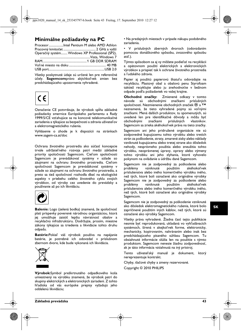 Minimálne po˛iadavky na pc, Minimálne požiadavky na pc | Philips PPX1020 User Manual | Page 43 / 56