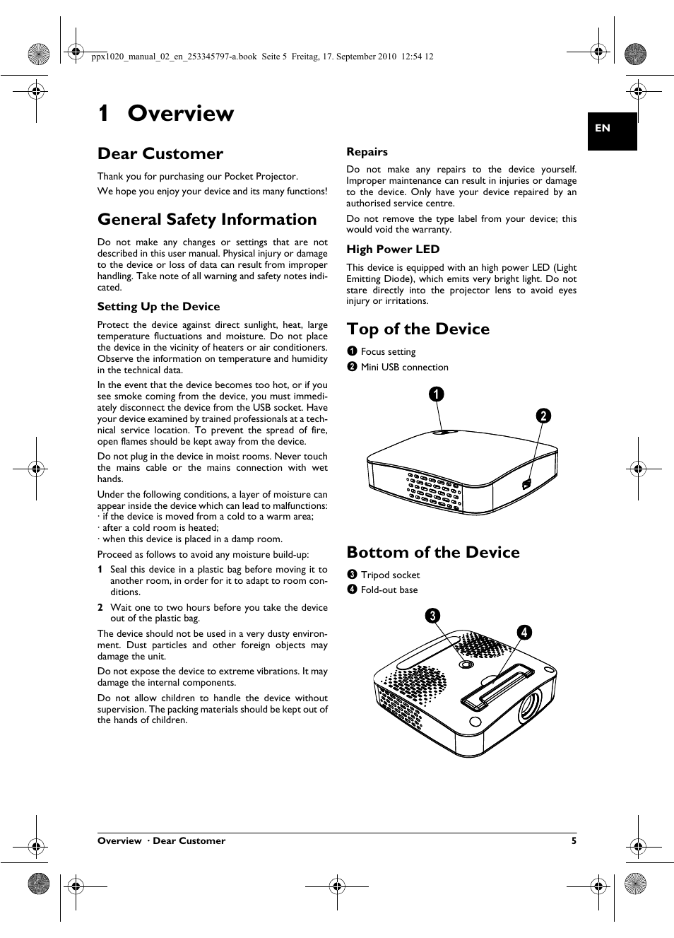 1 overview, Dear customer, General safety information | Top of the device, Bottom of the device | Philips PPX1020 User Manual | Page 5 / 56