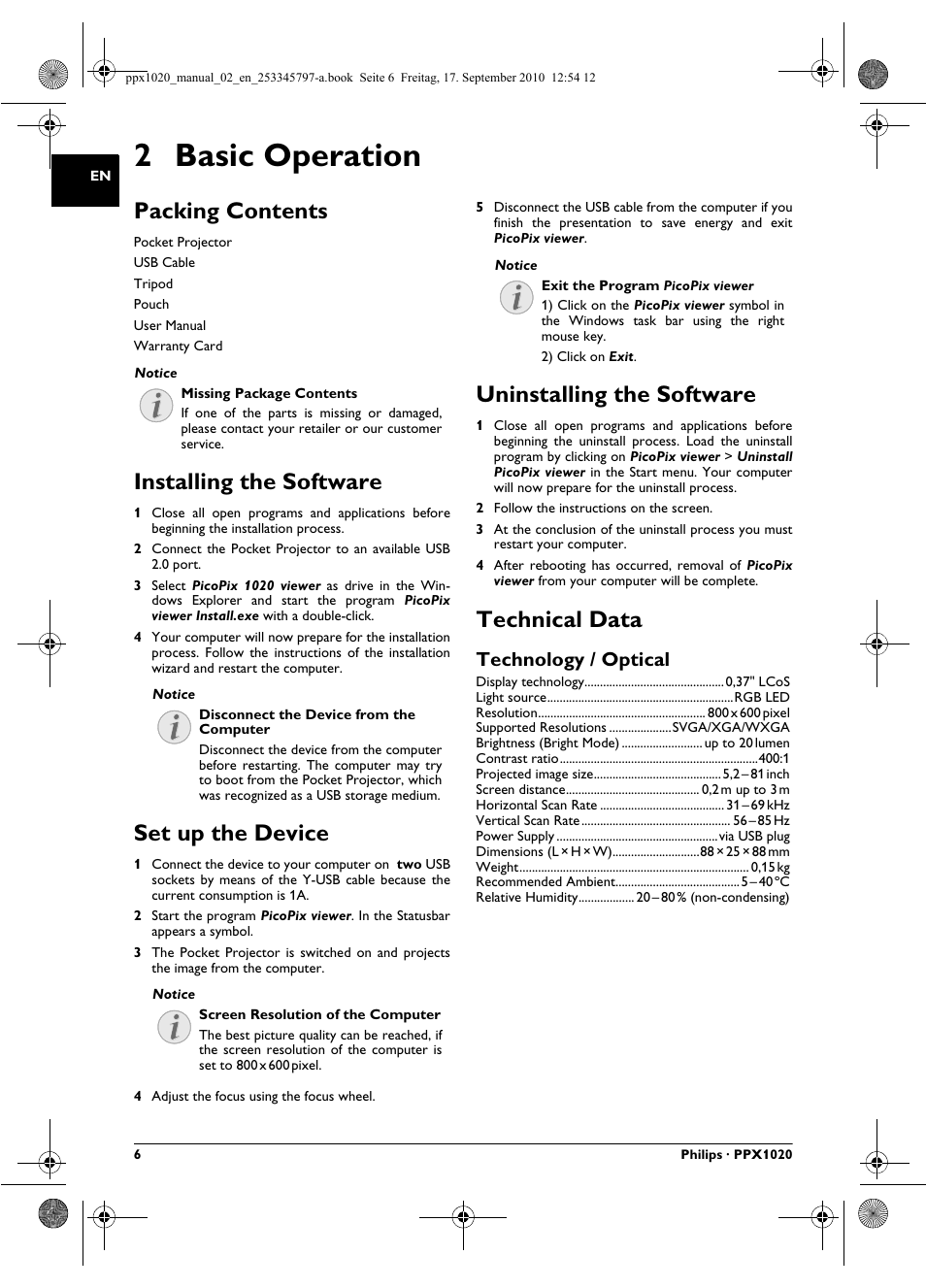 2 basic operation, Packing contents, Installing the software | Set up the device, Uninstalling the software, Technical data, Technology / optical | Philips PPX1020 User Manual | Page 6 / 56