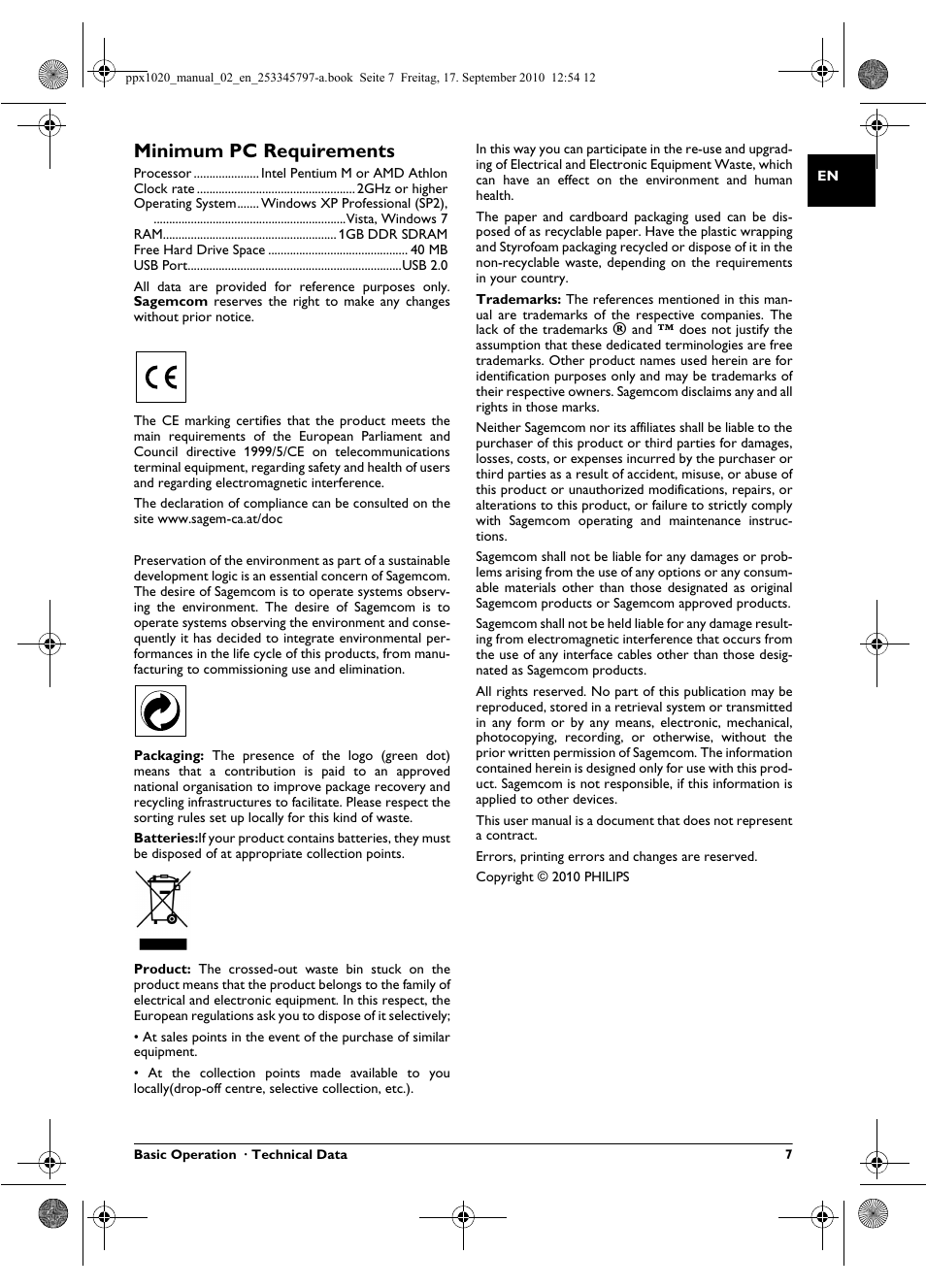 Minimum pc requirements | Philips PPX1020 User Manual | Page 7 / 56