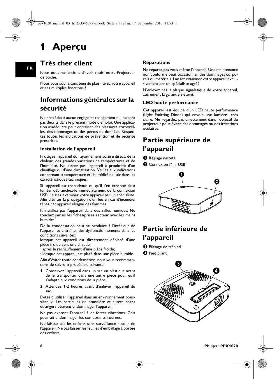 1 aperçu, Très cher client, Informations générales sur la sécurité | Partie supérieure de l’appareil, Partie inférieure de l’appareil | Philips PPX1020 User Manual | Page 8 / 56