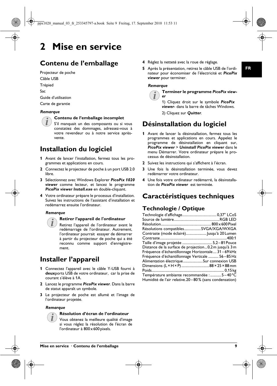 2 mise en service, Contenu de l’emballage, Installation du logiciel | Installer l’appareil, Désinstallation du logiciel, Caractéristiques techniques, Technologie / optique | Philips PPX1020 User Manual | Page 9 / 56