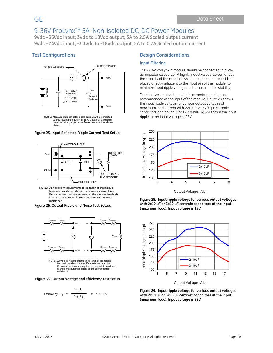 36v prolynx, 5a: non-isolated dc-dc power modules, Data sheet | Test configurations, Design considerations, Input filtering | GE Industrial Solutions 9-36V ProLynx 5A User Manual | Page 10 / 31