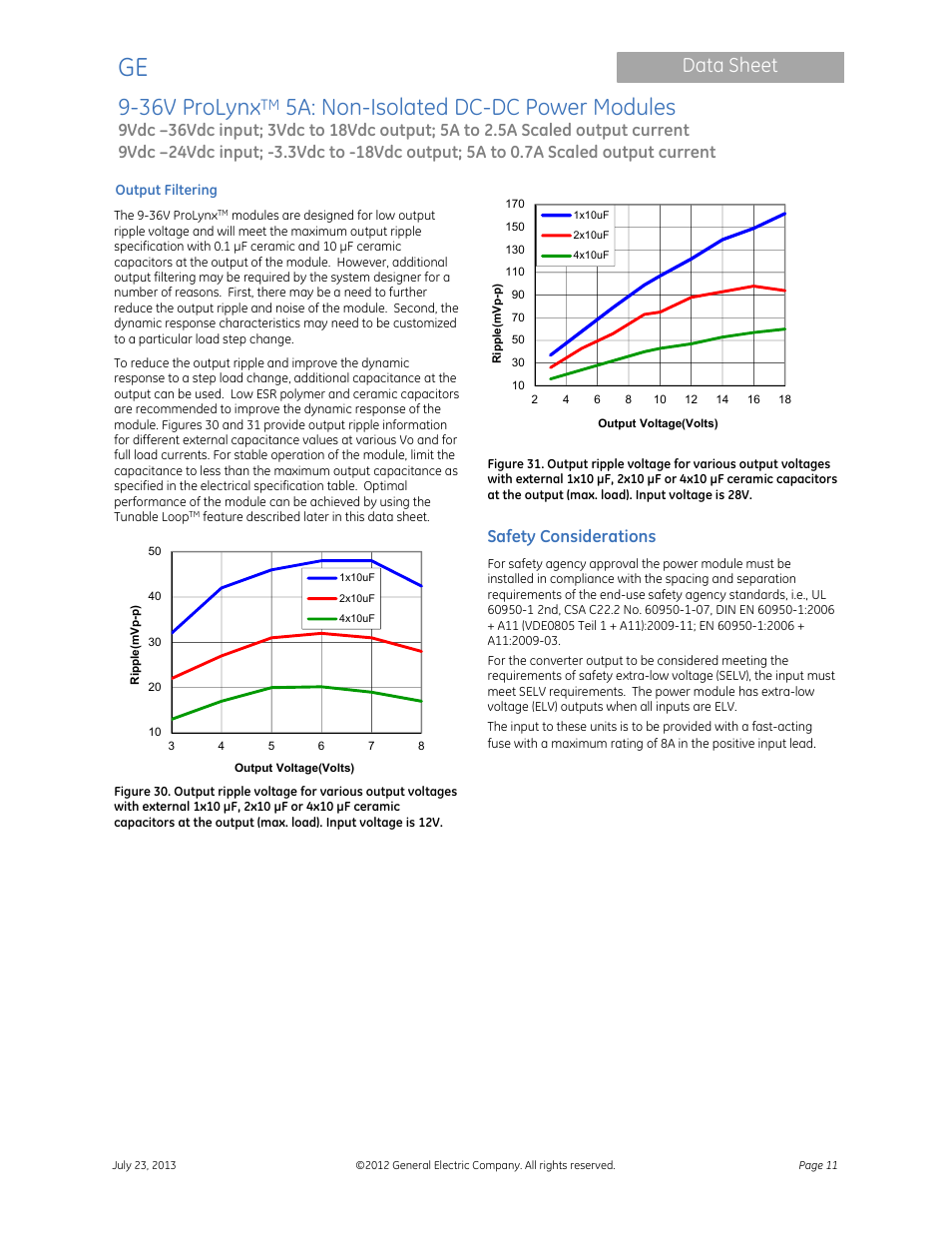 36v prolynx, 5a: non-isolated dc-dc power modules, Data sheet | Safety considerations | GE Industrial Solutions 9-36V ProLynx 5A User Manual | Page 11 / 31
