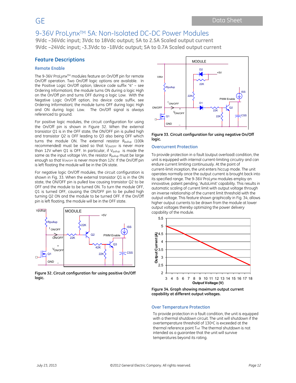 36v prolynx, 5a: non-isolated dc-dc power modules, Data sheet | Feature descriptions | GE Industrial Solutions 9-36V ProLynx 5A User Manual | Page 12 / 31