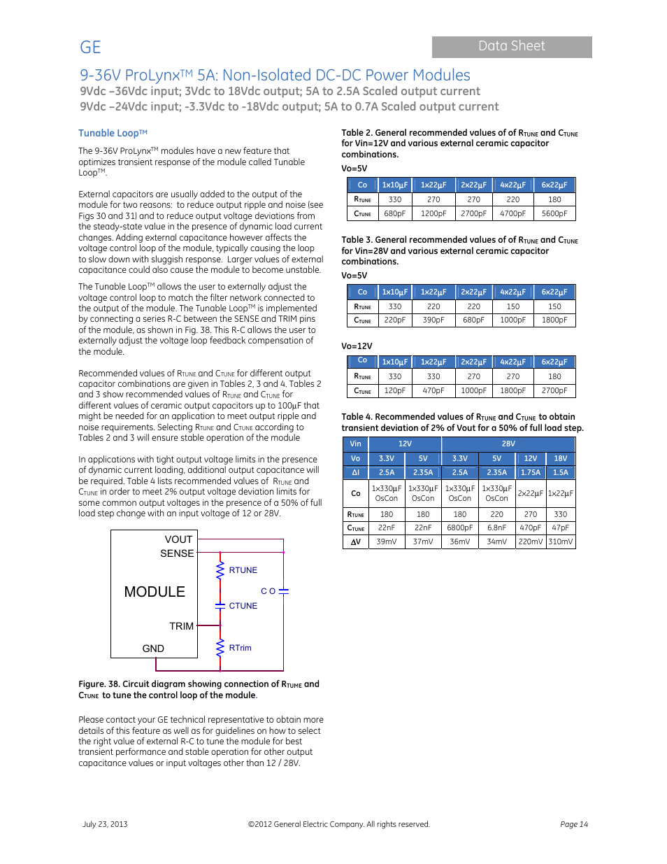 36v prolynx, 5a: non-isolated dc-dc power modules, Data sheet | Module | GE Industrial Solutions 9-36V ProLynx 5A User Manual | Page 14 / 31