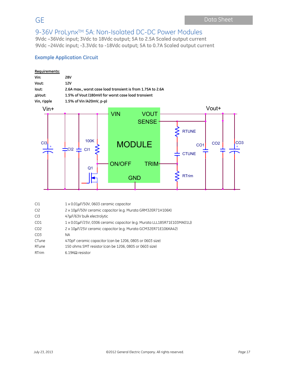 Module, 36v prolynx, 5a: non-isolated dc-dc power modules | Data sheet, Vout sense, Gnd trim, On/off vout | GE Industrial Solutions 9-36V ProLynx 5A User Manual | Page 17 / 31
