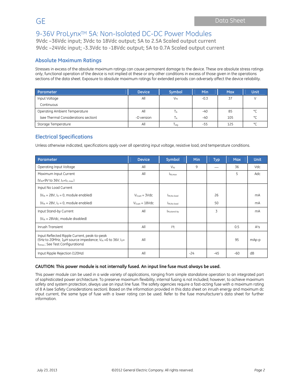 36v prolynx, 5a: non-isolated dc-dc power modules, Data sheet | Absolute maximum ratings, Electrical specifications | GE Industrial Solutions 9-36V ProLynx 5A User Manual | Page 2 / 31