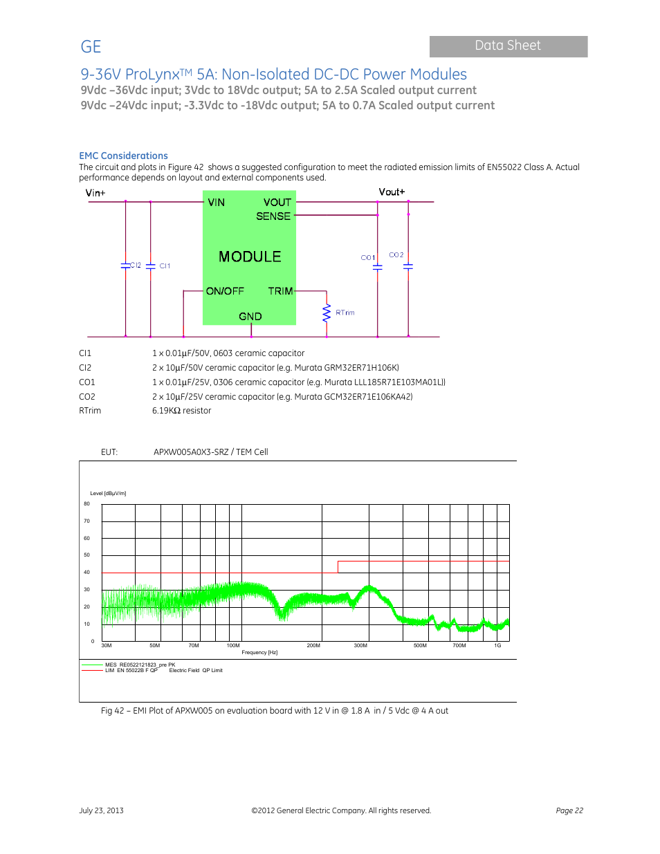 36v prolynx, 5a: non-isolated dc-dc power modules, Data sheet | GE Industrial Solutions 9-36V ProLynx 5A User Manual | Page 22 / 31