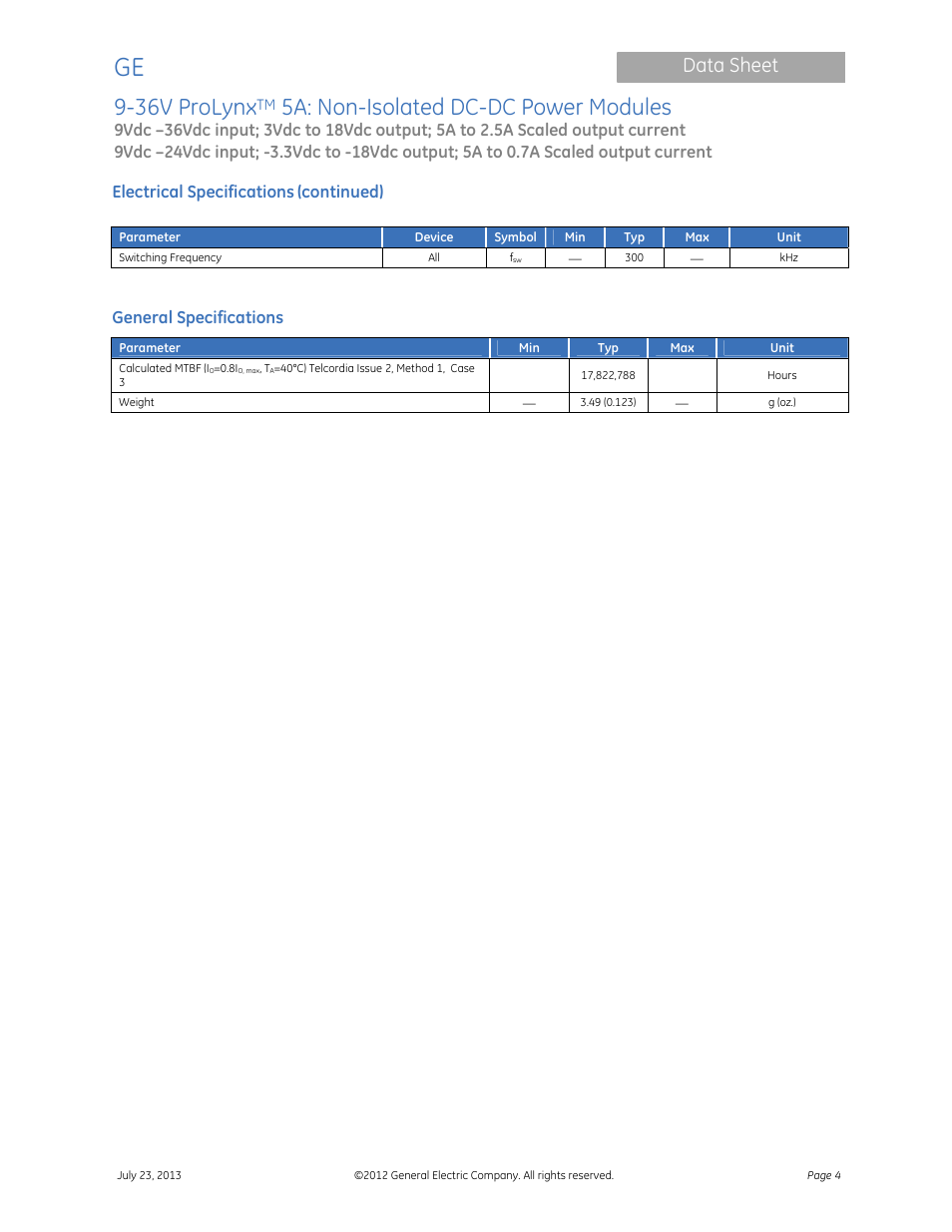 36v prolynx, 5a: non-isolated dc-dc power modules, Data sheet | Electrical specifications, Continued), General specifications | GE Industrial Solutions 9-36V ProLynx 5A User Manual | Page 4 / 31