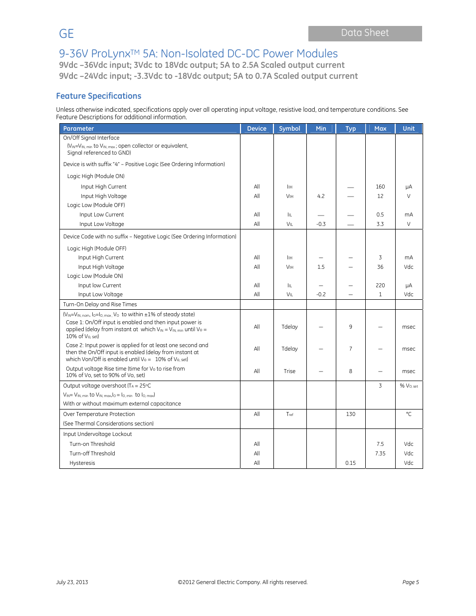 36v prolynx, 5a: non-isolated dc-dc power modules, Data sheet | Feature specifications | GE Industrial Solutions 9-36V ProLynx 5A User Manual | Page 5 / 31
