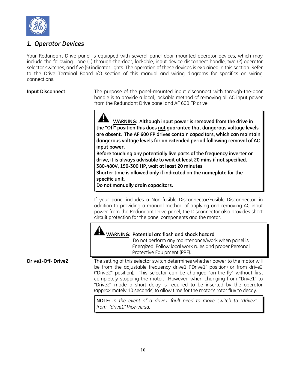 Operator devices | GE Industrial Solutions AF-600 FP Redundant Drive Panels User Manual | Page 10 / 26