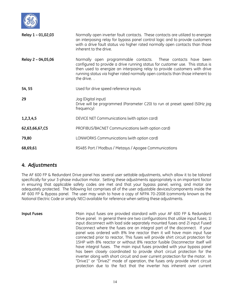 Adjustments | GE Industrial Solutions AF-600 FP Redundant Drive Panels User Manual | Page 14 / 26