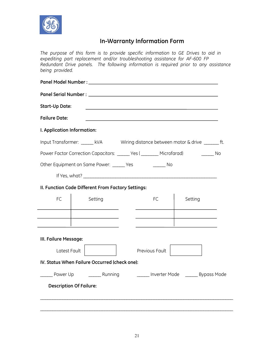 Deh40638.pdf, In-warranty information form | GE Industrial Solutions AF-600 FP Redundant Drive Panels User Manual | Page 21 / 26