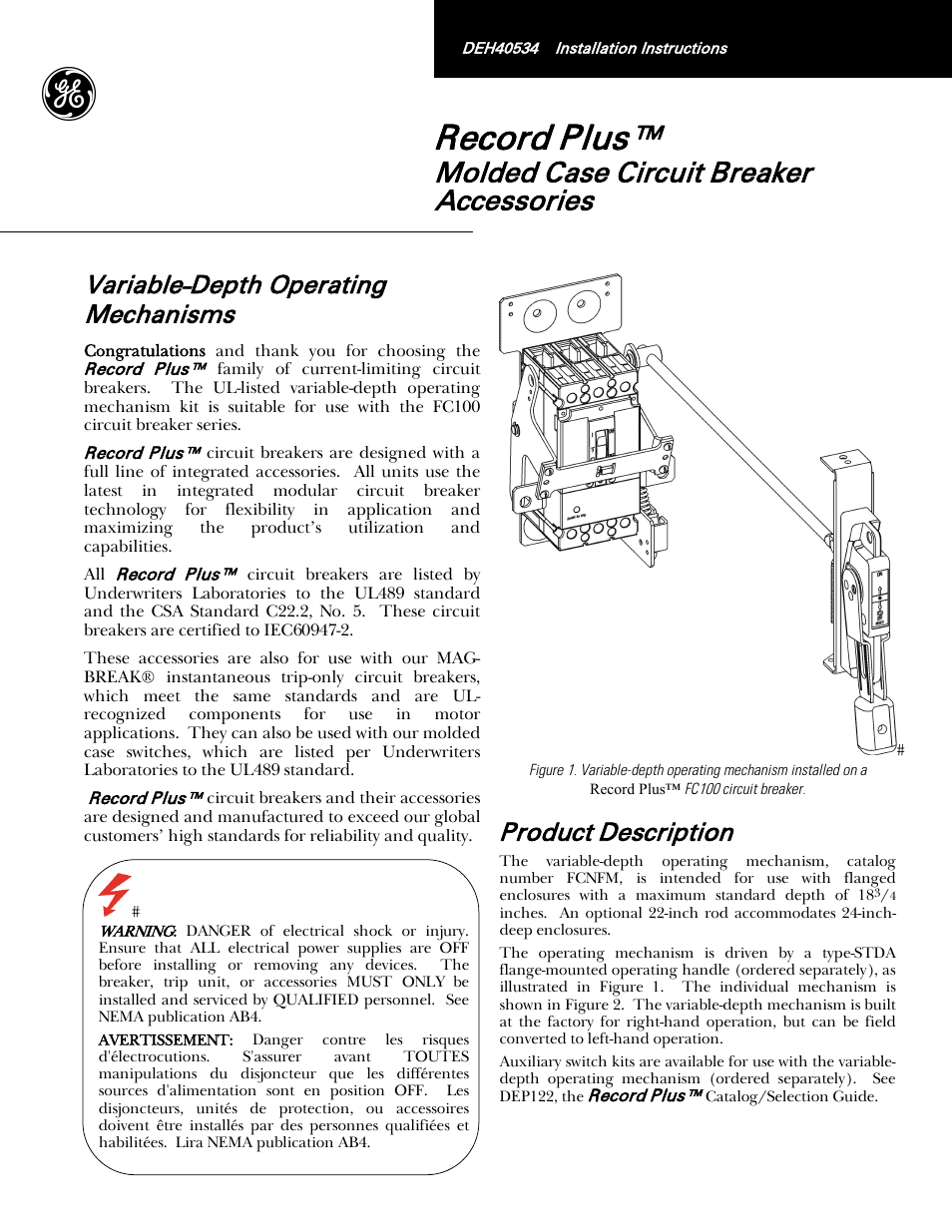 GE Industrial Solutions Record Plus Variable Depth Operating Mechanism: FC100 User Manual | 4 pages