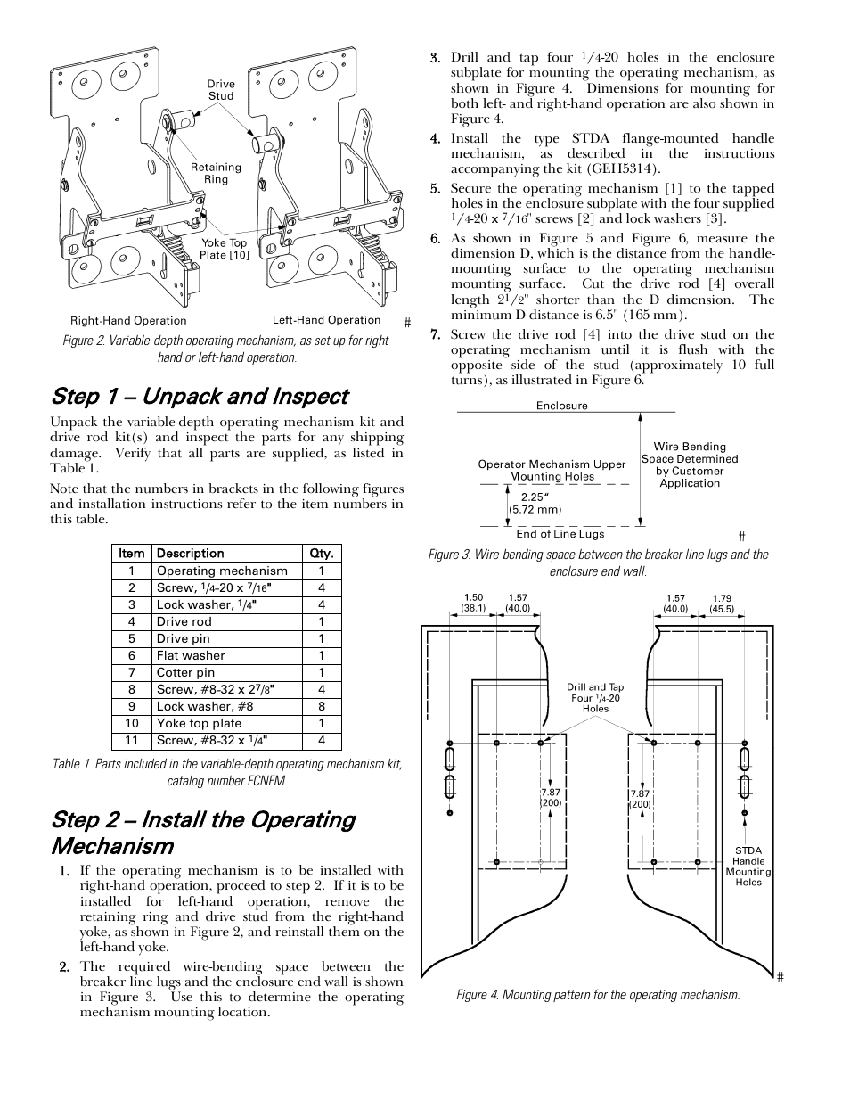 Step 1 – unpack and inspect, Step 2 – install the operating mechanism | GE Industrial Solutions Record Plus Variable Depth Operating Mechanism: FC100 User Manual | Page 2 / 4