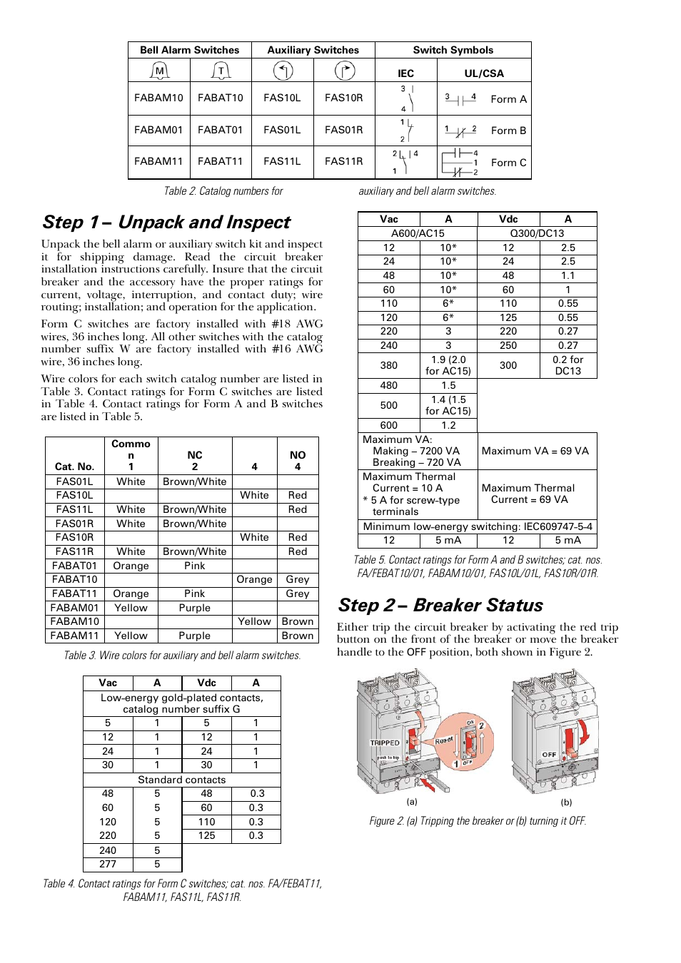 Step 1 – unpack and inspect, Step 2 – breaker status | GE Industrial Solutions Record Plus For use with FB100, FC100,FE250, and FG600 User Manual | Page 2 / 4