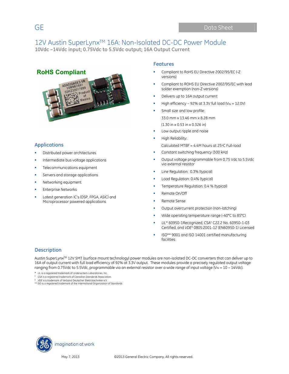 GE Industrial Solutions 12V Austin SuperLynx 16A User Manual | 21 pages