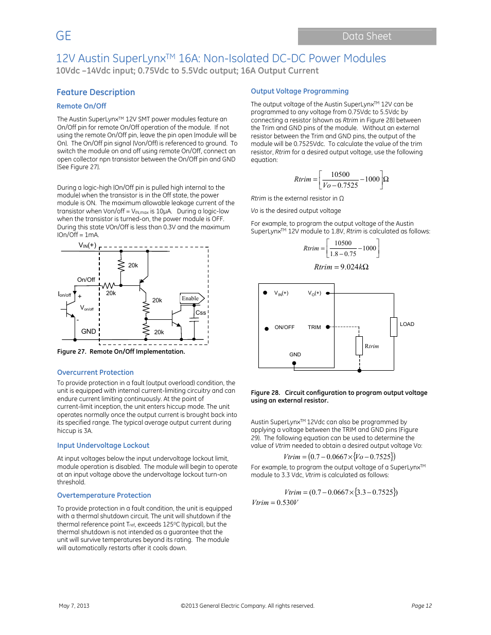 12v austin superlynx, 16a: non-isolated dc-dc power modules, Data sheet | Feature description | GE Industrial Solutions 12V Austin SuperLynx 16A User Manual | Page 12 / 21