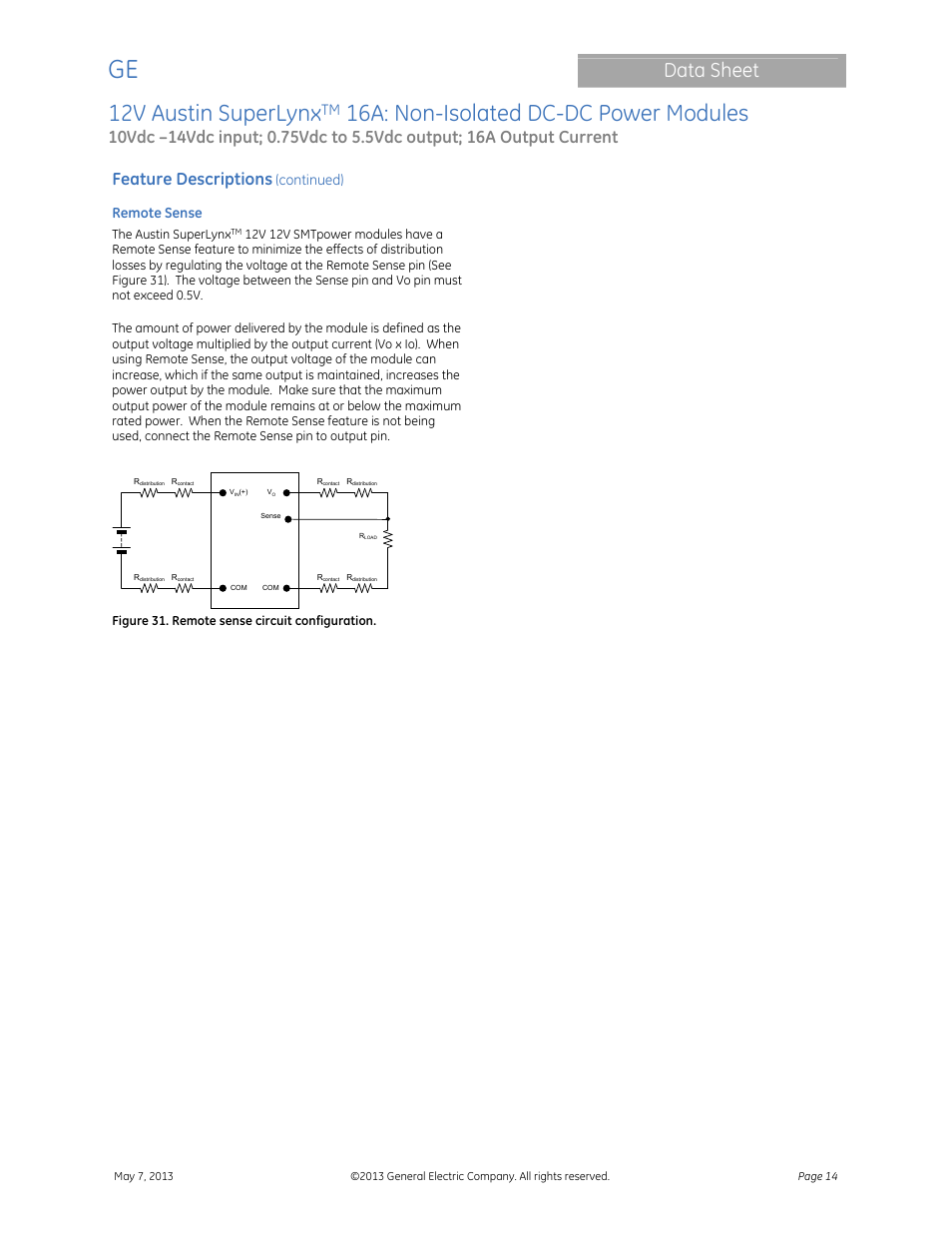 12v austin superlynx, 16a: non-isolated dc-dc power modules, Data sheet | Feature descriptions, Continued), Remote sense | GE Industrial Solutions 12V Austin SuperLynx 16A User Manual | Page 14 / 21