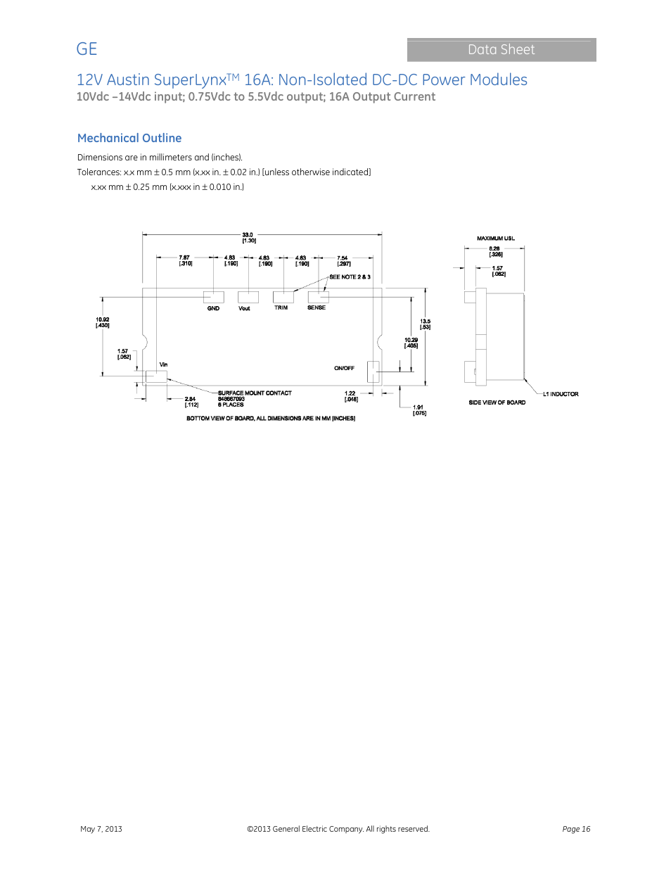 12v austin superlynx, 16a: non-isolated dc-dc power modules, Data sheet | GE Industrial Solutions 12V Austin SuperLynx 16A User Manual | Page 16 / 21