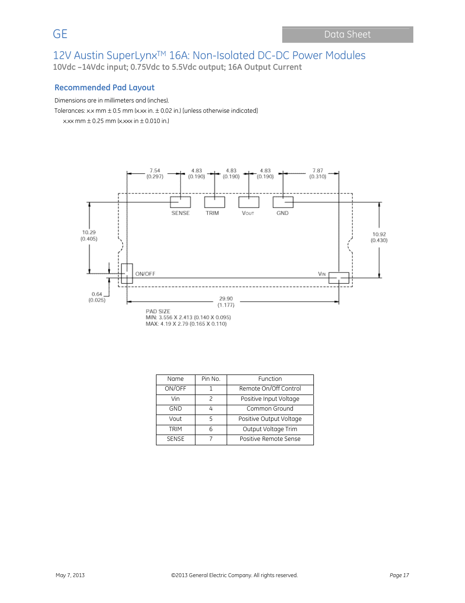 12v austin superlynx, 16a: non-isolated dc-dc power modules, Data sheet | GE Industrial Solutions 12V Austin SuperLynx 16A User Manual | Page 17 / 21