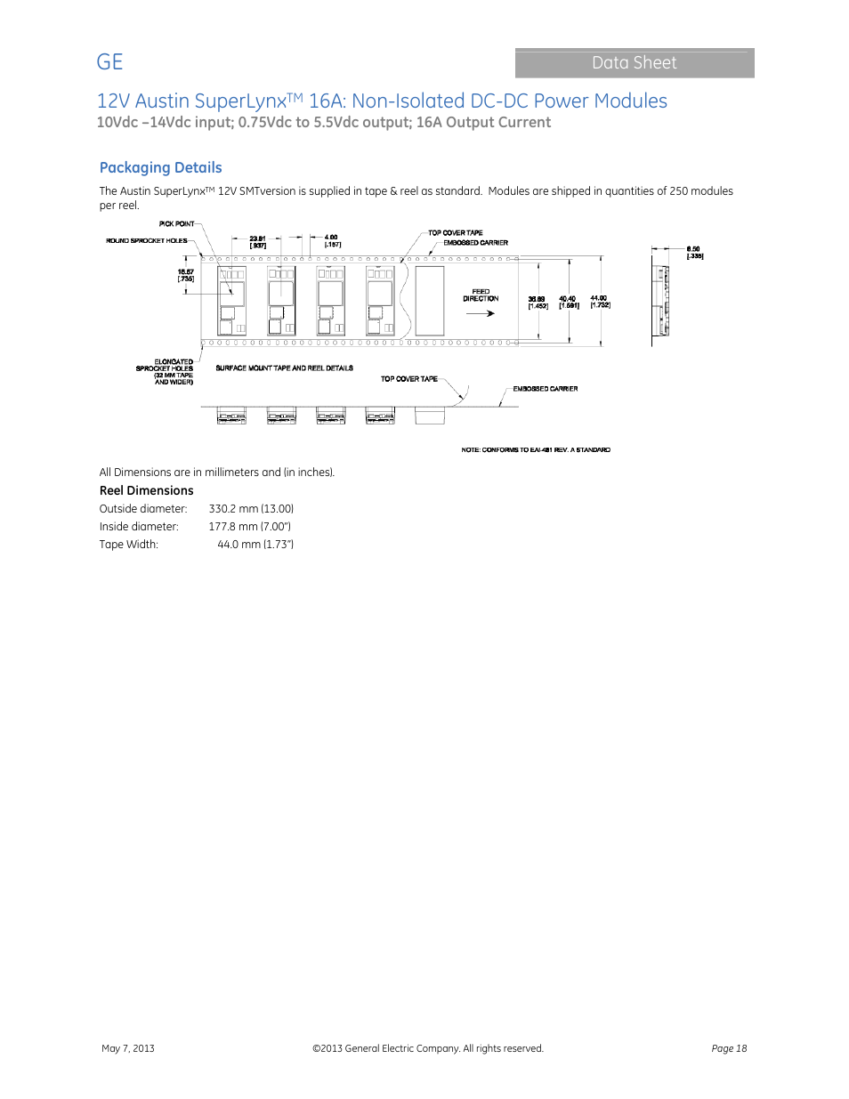 12v austin superlynx, 16a: non-isolated dc-dc power modules, Data sheet | GE Industrial Solutions 12V Austin SuperLynx 16A User Manual | Page 18 / 21