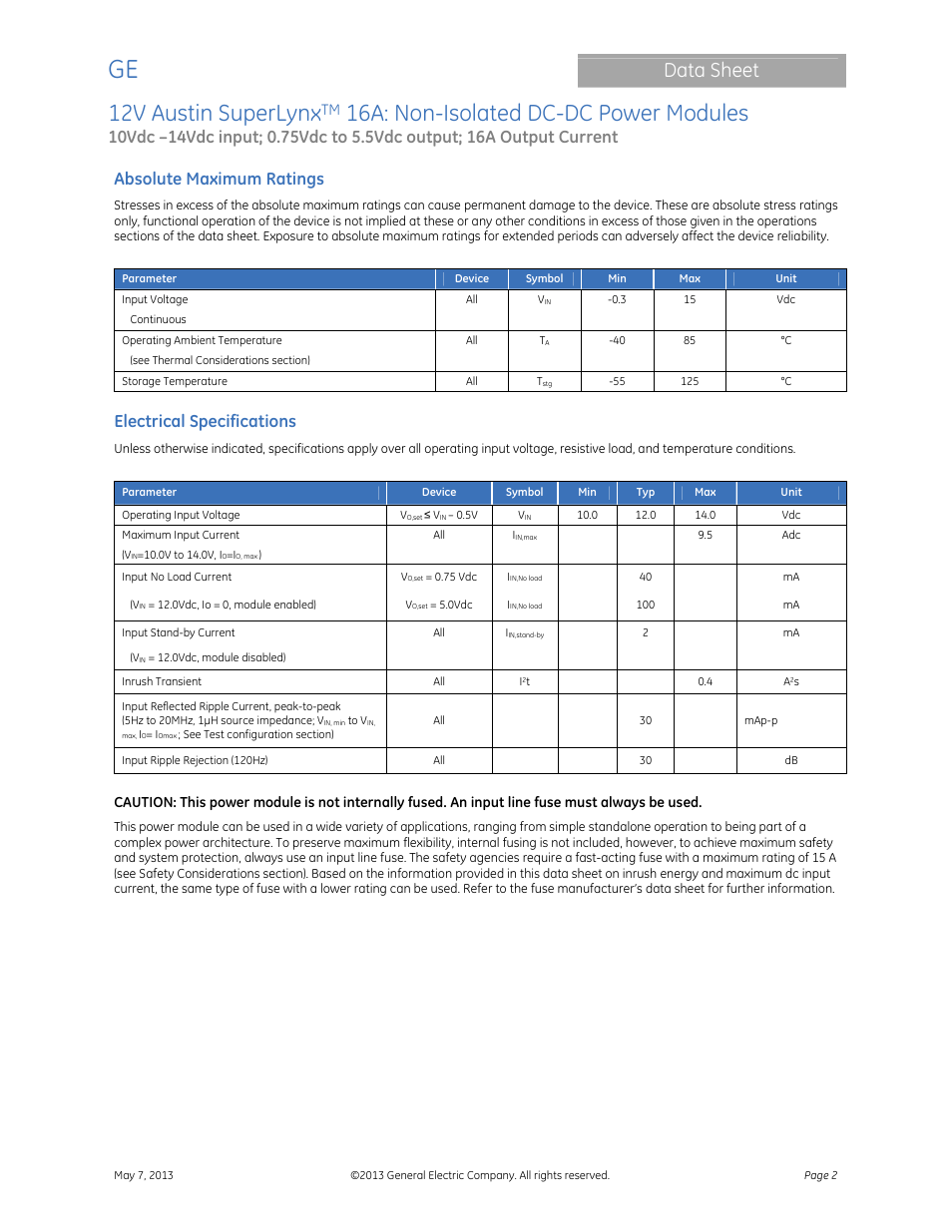 12v austin superlynx, 16a: non-isolated dc-dc power modules, Data sheet | Absolute maximum ratings, Electrical specifications | GE Industrial Solutions 12V Austin SuperLynx 16A User Manual | Page 2 / 21