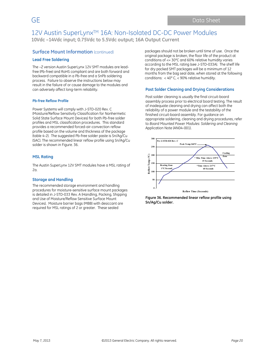 12v austin superlynx, 16a: non-isolated dc-dc power modules, Data sheet | Surface mount information | GE Industrial Solutions 12V Austin SuperLynx 16A User Manual | Page 20 / 21