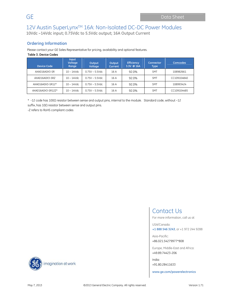 Contact us, 12v austin superlynx, 16a: non-isolated dc-dc power modules | Data sheet, Ordering information | GE Industrial Solutions 12V Austin SuperLynx 16A User Manual | Page 21 / 21