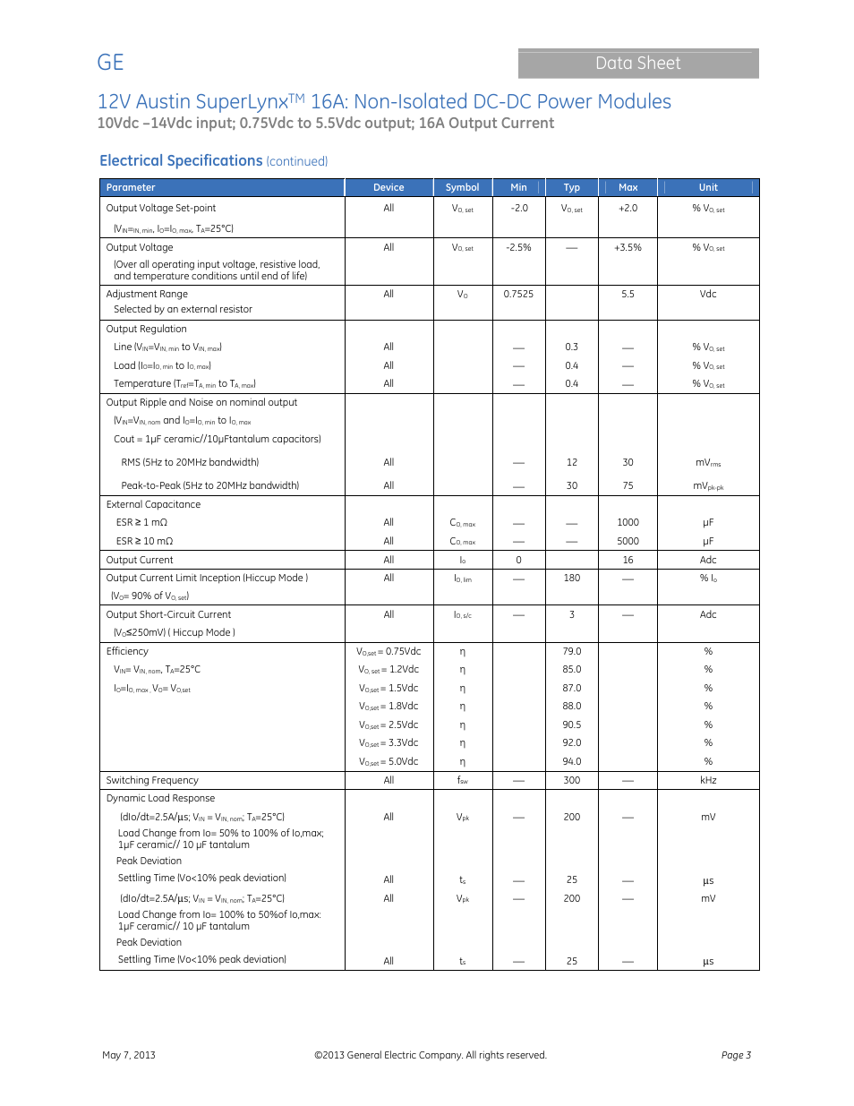 12v austin superlynx, 16a: non-isolated dc-dc power modules, Data sheet | Electrical specifications, Continued) | GE Industrial Solutions 12V Austin SuperLynx 16A User Manual | Page 3 / 21