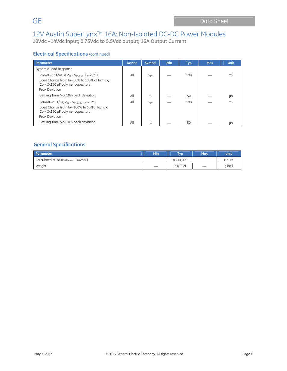 12v austin superlynx, 16a: non-isolated dc-dc power modules, Data sheet | Electrical specifications, General specifications | GE Industrial Solutions 12V Austin SuperLynx 16A User Manual | Page 4 / 21