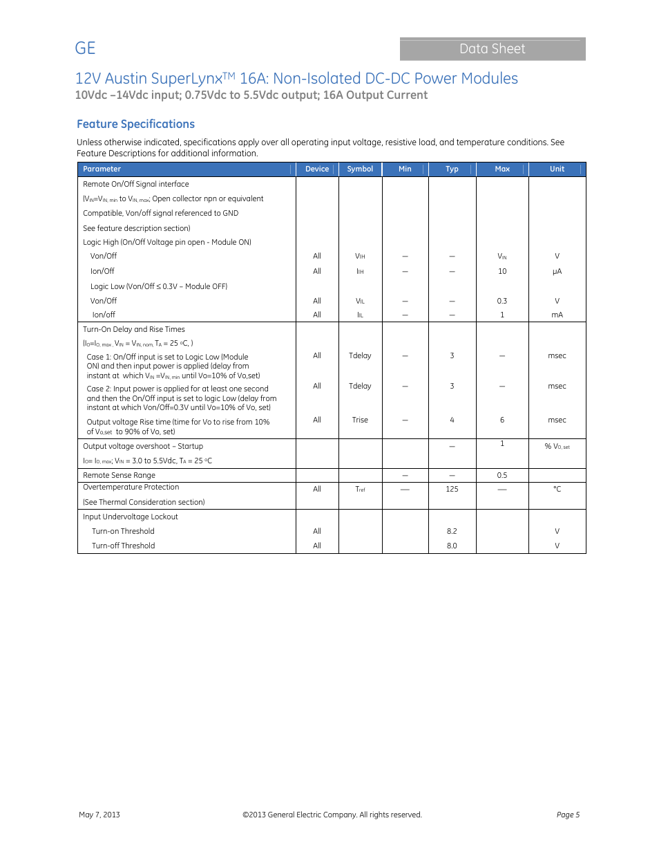 12v austin superlynx, 16a: non-isolated dc-dc power modules, Data sheet | Feature specifications | GE Industrial Solutions 12V Austin SuperLynx 16A User Manual | Page 5 / 21