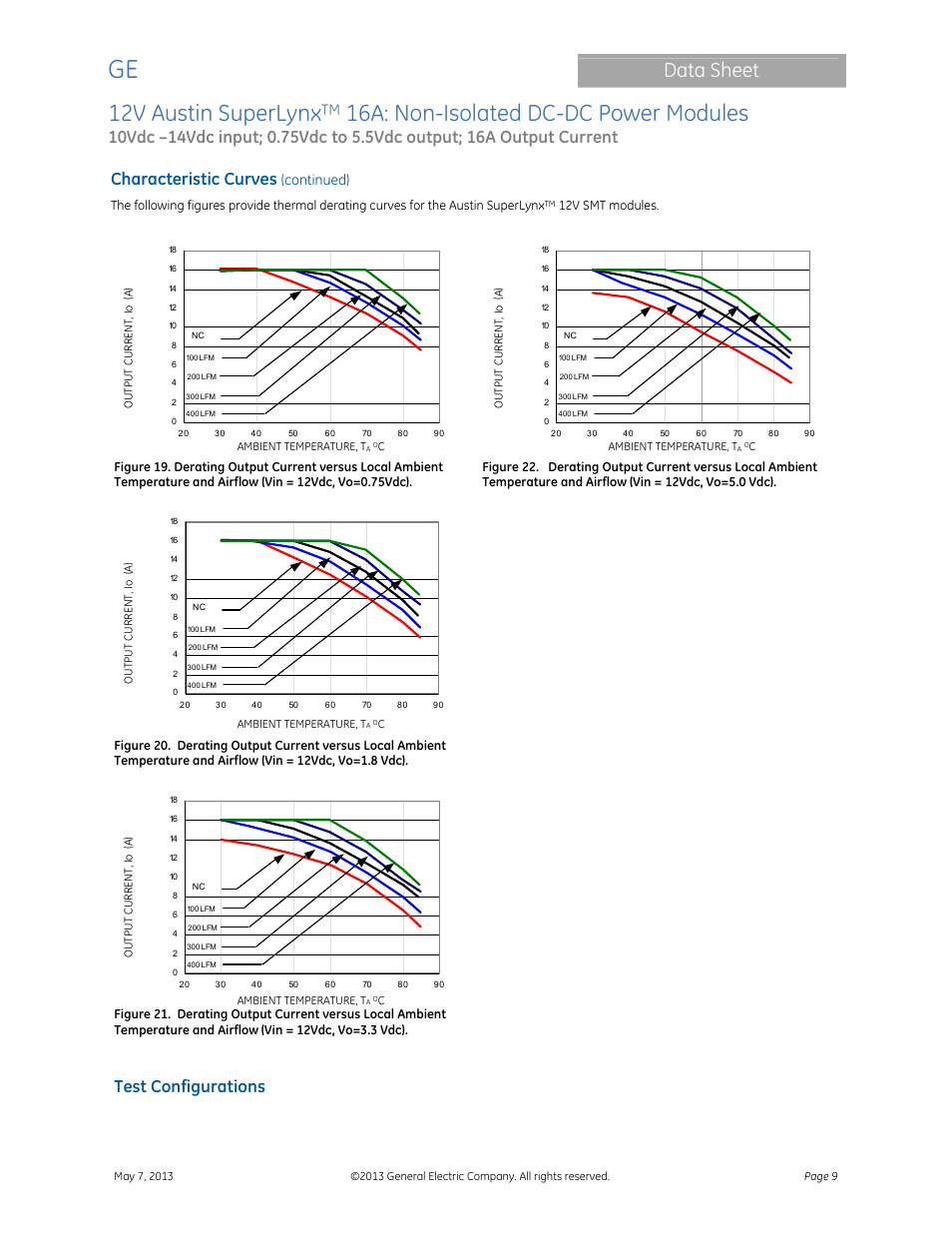 12v austin superlynx, 16a: non-isolated dc-dc power modules, Data sheet | Characteristic curves, Test configurations, Continued) | GE Industrial Solutions 12V Austin SuperLynx 16A User Manual | Page 9 / 21
