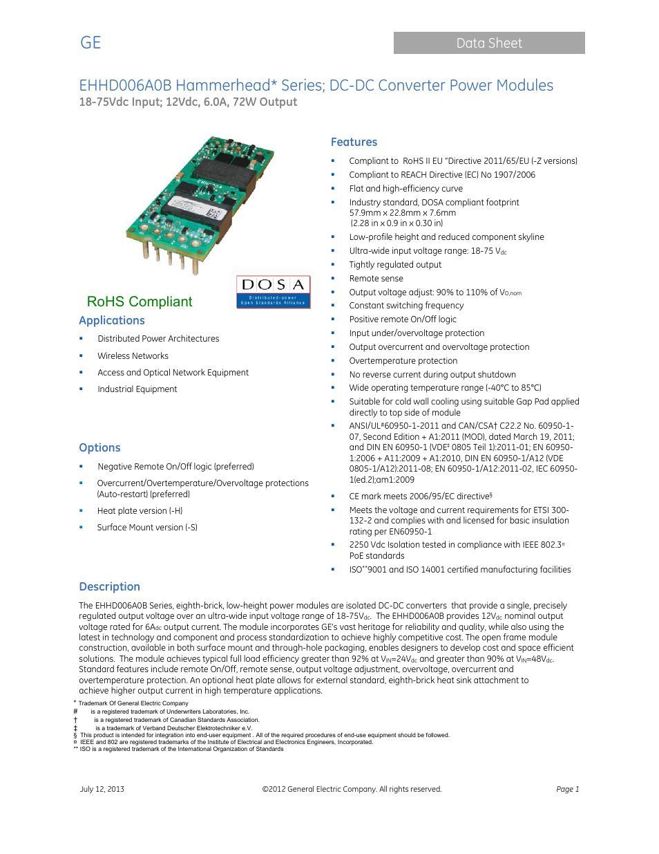GE Industrial Solutions EHHD006A0B Hammerhead Series User Manual | 19 pages