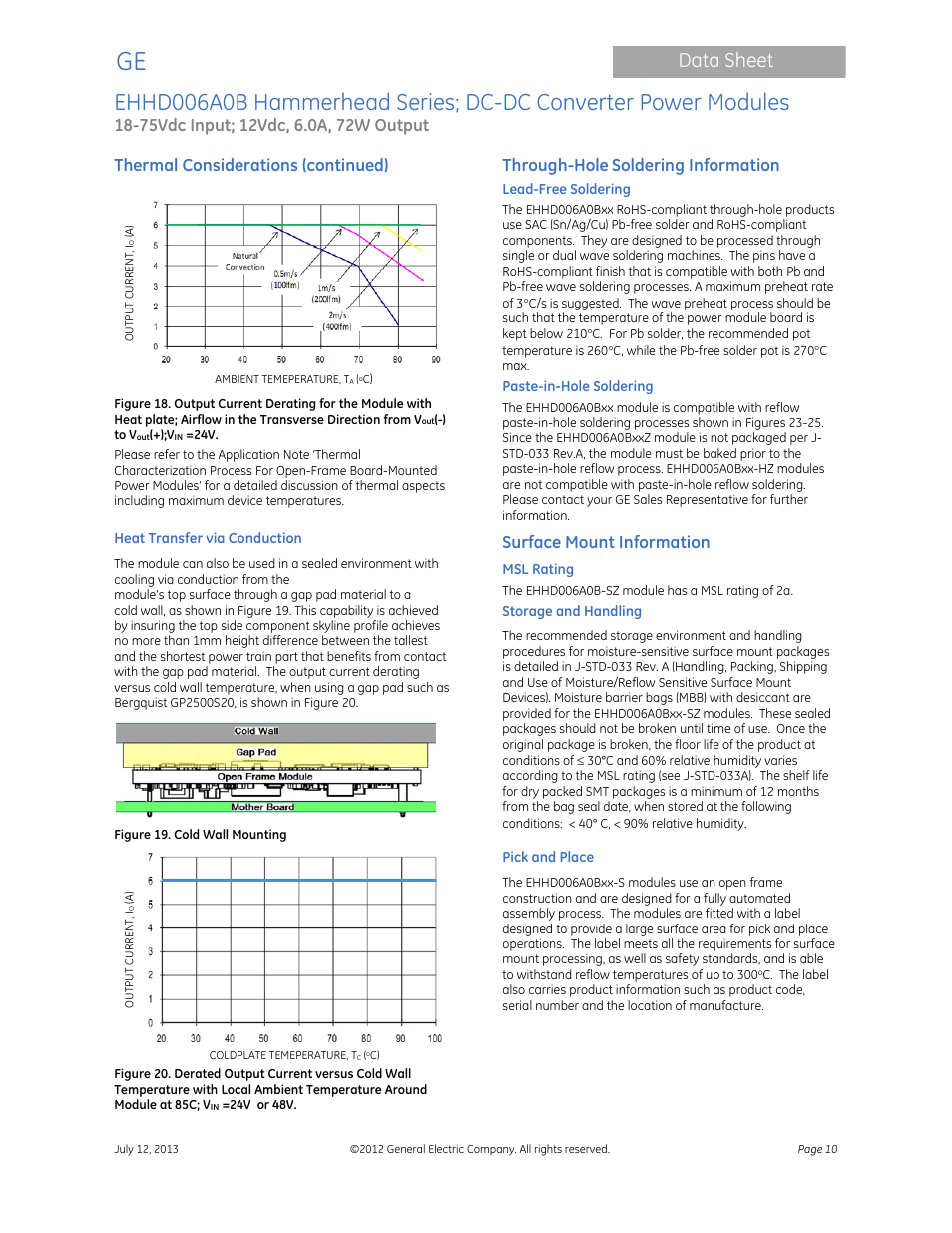 Data sheet, Thermal considerations (continued), Through-hole | Soldering information, Surface mount information | GE Industrial Solutions EHHD006A0B Hammerhead Series User Manual | Page 10 / 19