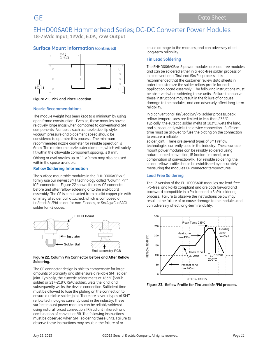 Data sheet, Surface mount information | GE Industrial Solutions EHHD006A0B Hammerhead Series User Manual | Page 11 / 19
