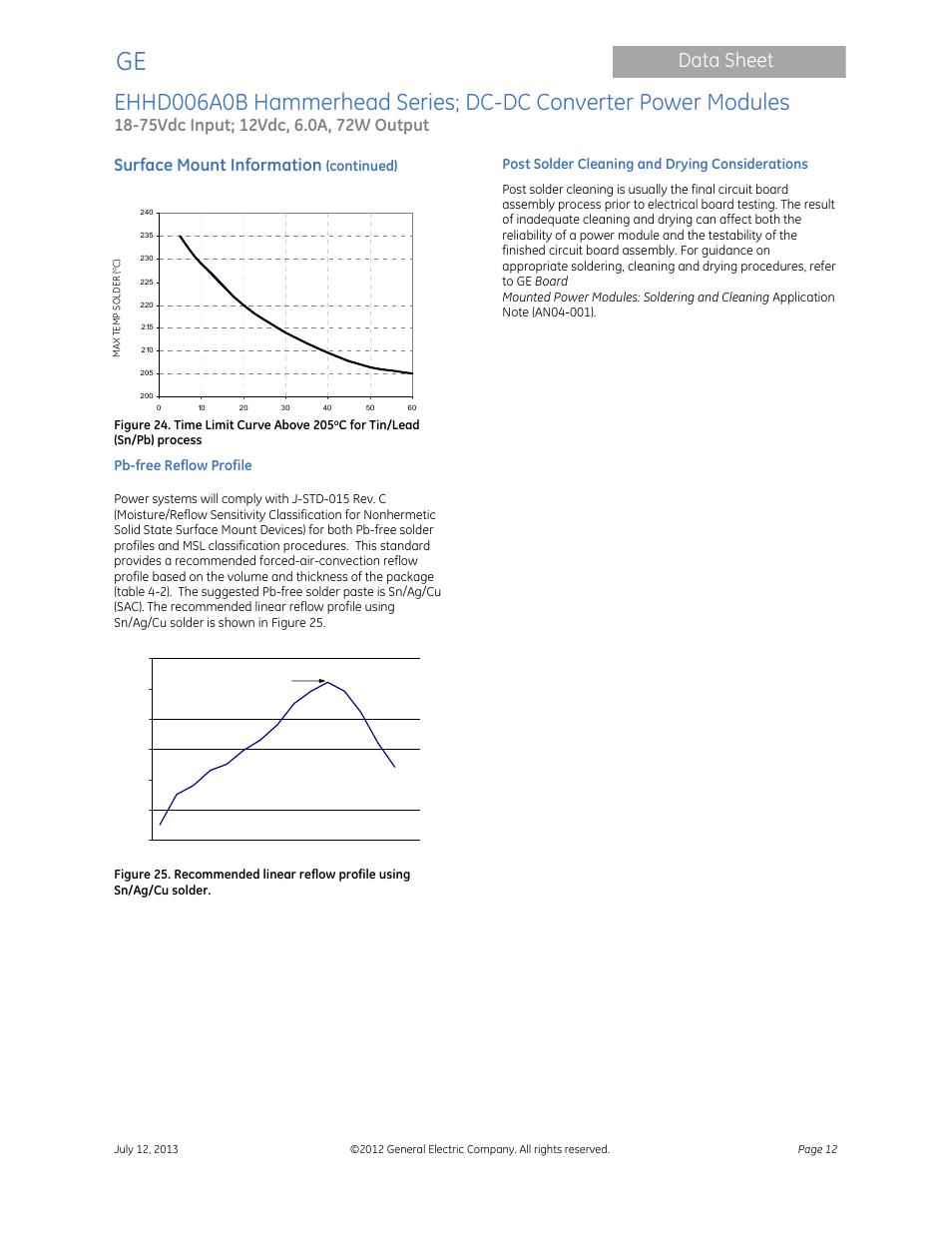 Data sheet, Surface mount information | GE Industrial Solutions EHHD006A0B Hammerhead Series User Manual | Page 12 / 19