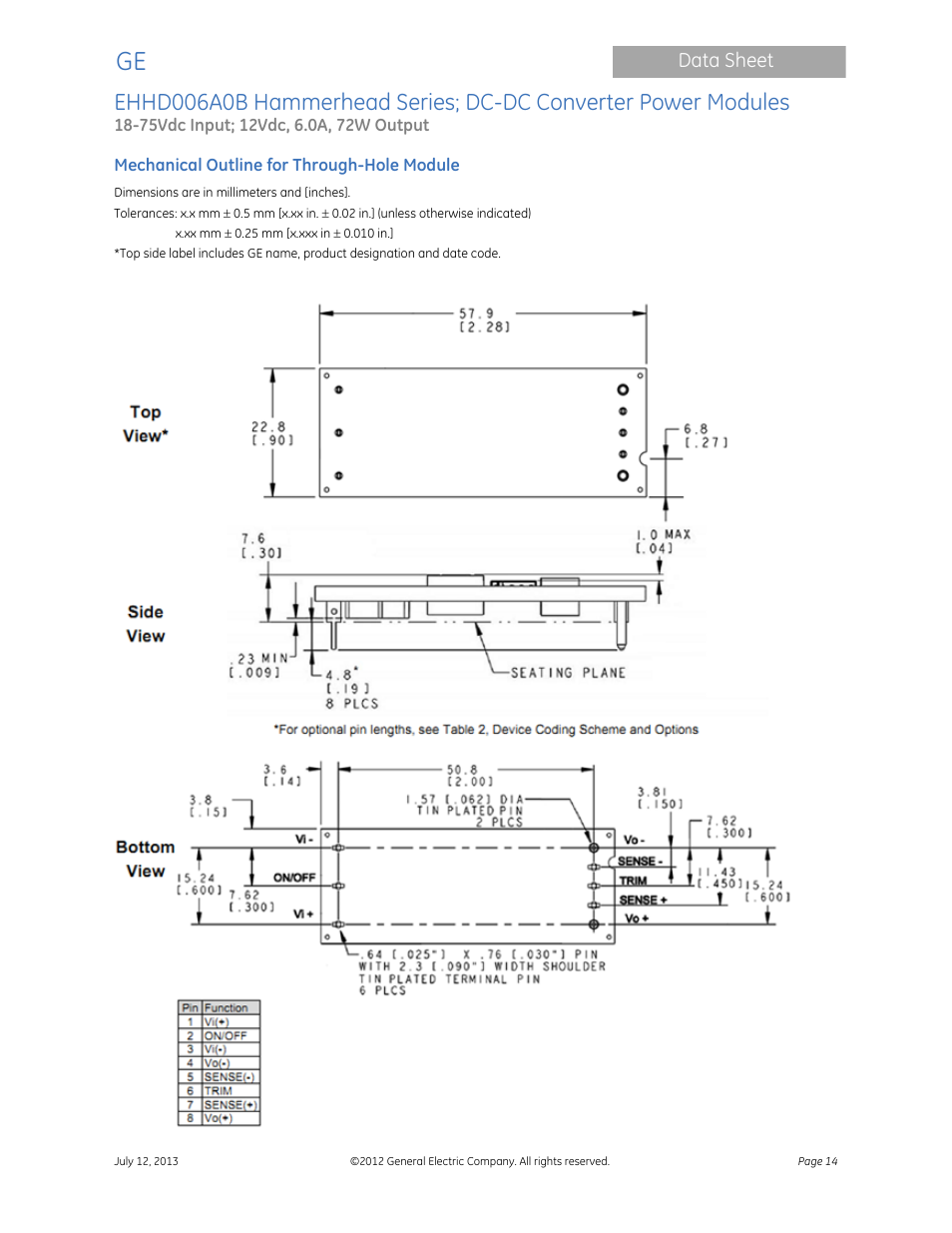 GE Industrial Solutions EHHD006A0B Hammerhead Series User Manual | Page 14 / 19